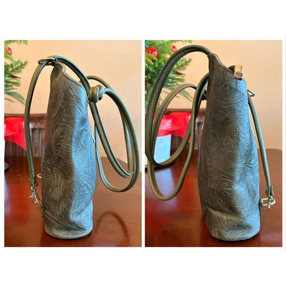 SOLO PERCHE - 🎉HP🎉NWOT "Varese" Tooled Leather Shoulder-to-Backpack/Olive Green - Picture 8 of 16
